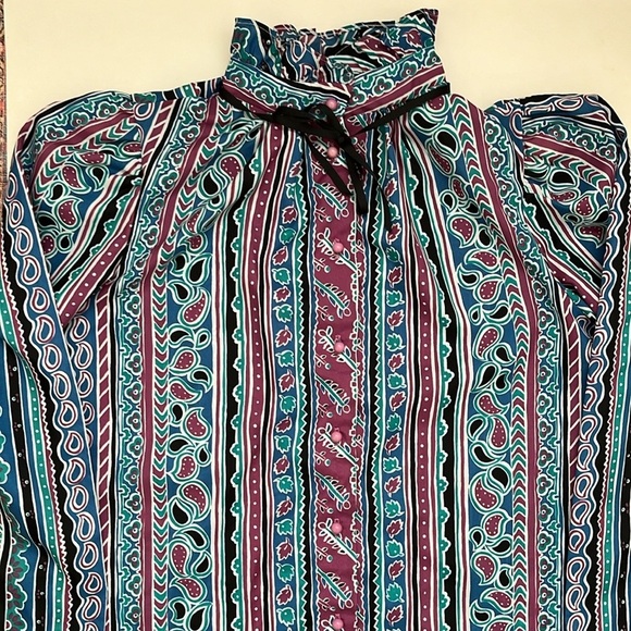 Cristin Stevens Vintage High Neck Lightweight Paisley Stripe Ruffle Blouse Top - Picture 13 of 14